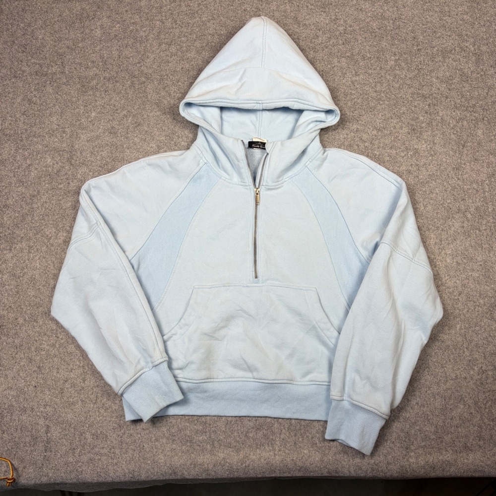 Trendy Queen Womens Light Blue Half Zip Hoodie Fleece Cropped Sweatshirt Large